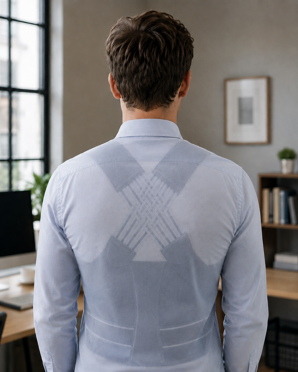 Correcteur de posture DosZenn porté sous un vêtement au bureau