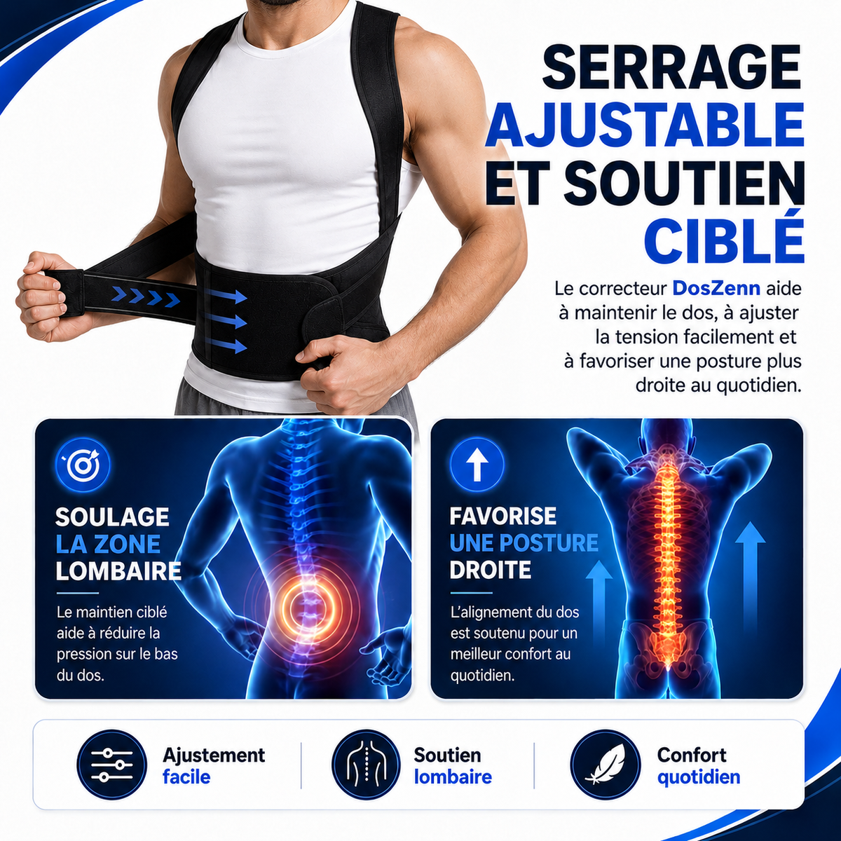 Correcteur de posture réglable avec soutien ciblé de la zone lombaire
