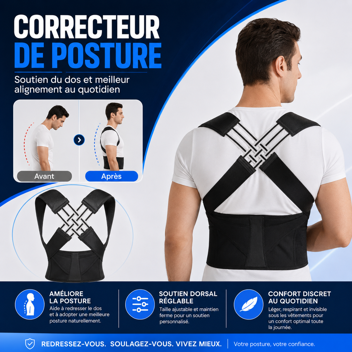 Correcteur de posture pour le dos, comparaison avant après alignement