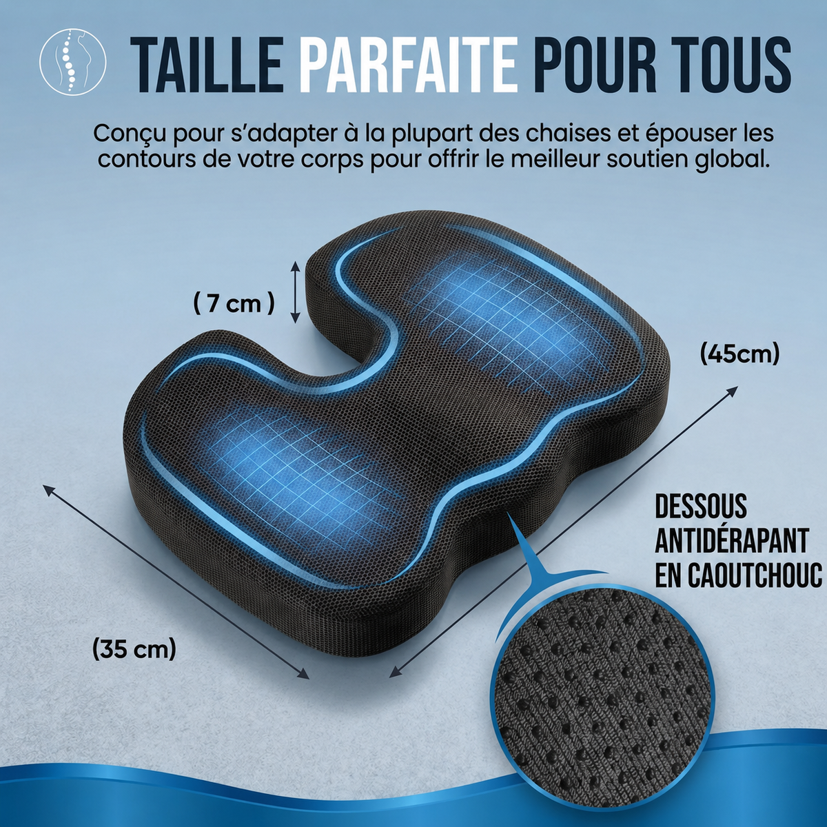 Dimensions du coussin d’assise ergonomique DosZenn, base antidérapante