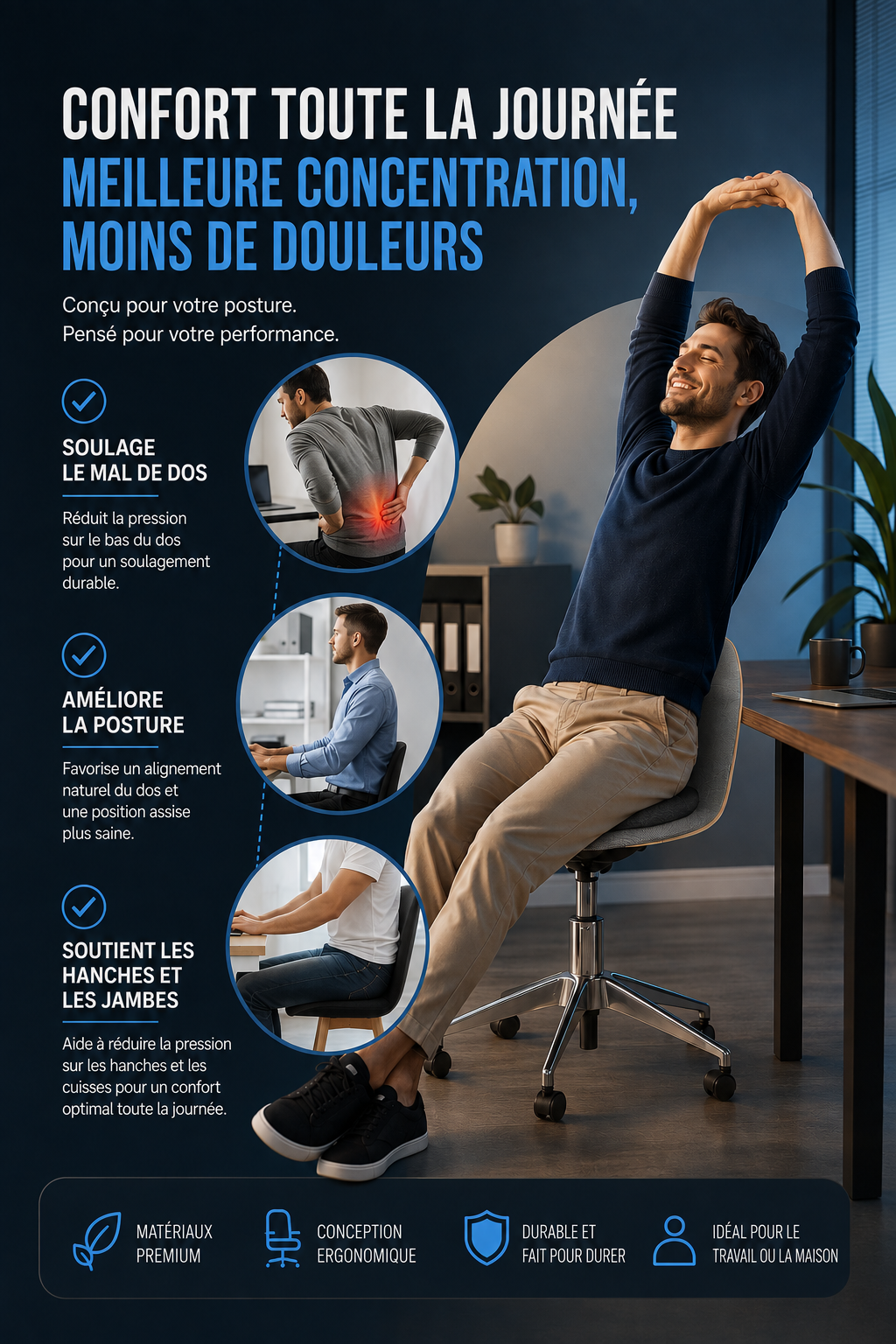 Homme confortablement assis grâce au coussin ergonomique DosZenn, posture améliorée
