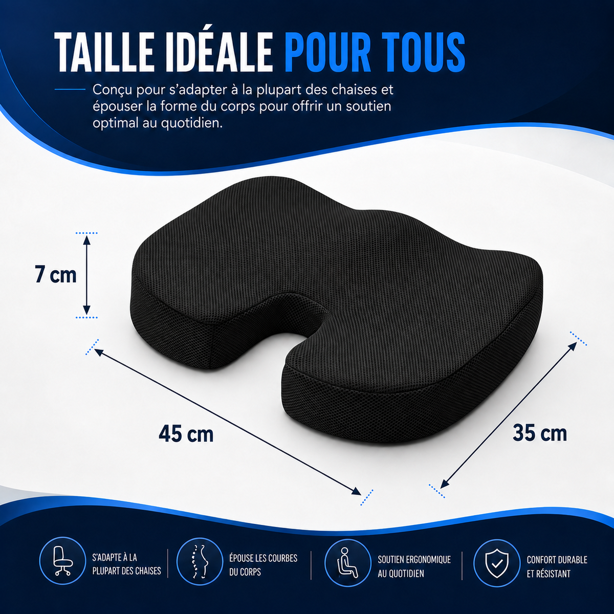 Coussin d’assise DosZenn à découpe en U, 45 × 35 × 7 cm, inclus dans le pack découverte