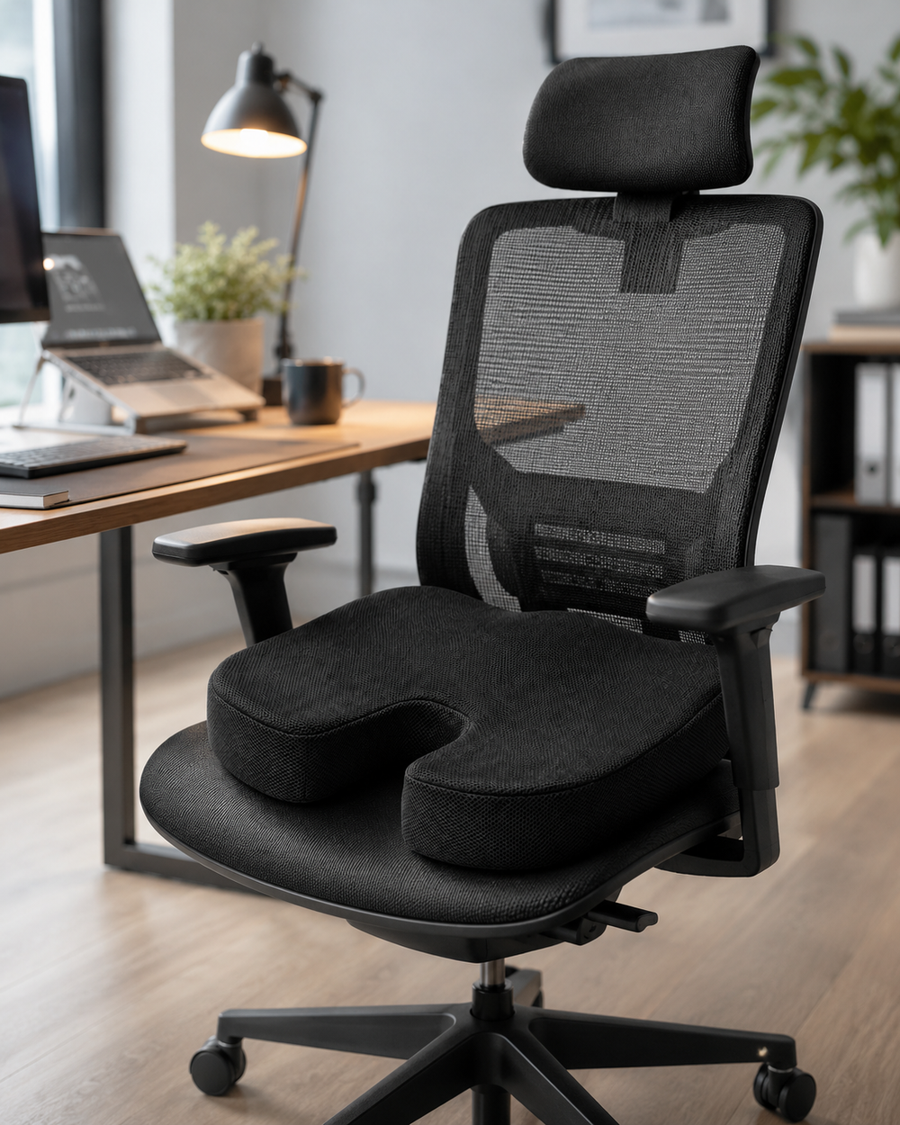Coussin d’assise DosZenn installé sur un fauteuil de bureau