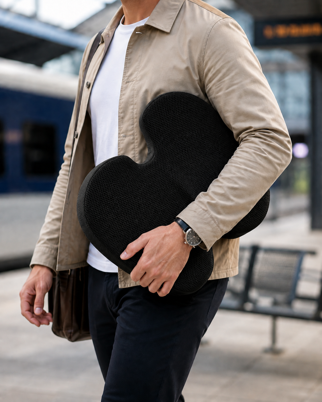 Coussin d’assise DosZenn transporté à la main dans une gare
